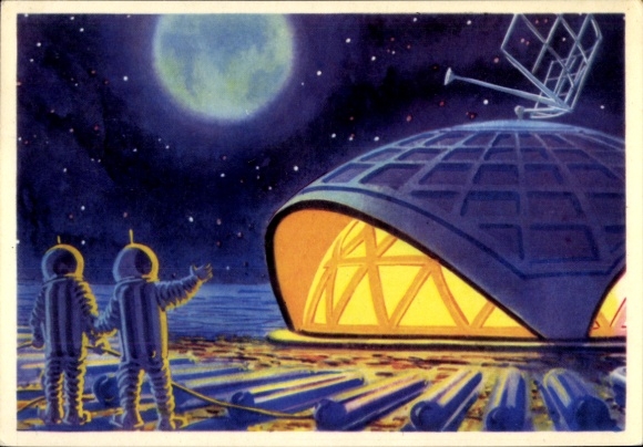 Artist Postcard Sokolov, A., Soviet space travel, cosmonauts, house on the moon