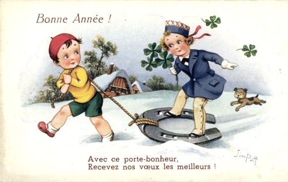 Artist Postcard Patt, Jim, Happy New Year, boy pulling a horseshoe, clover leaves