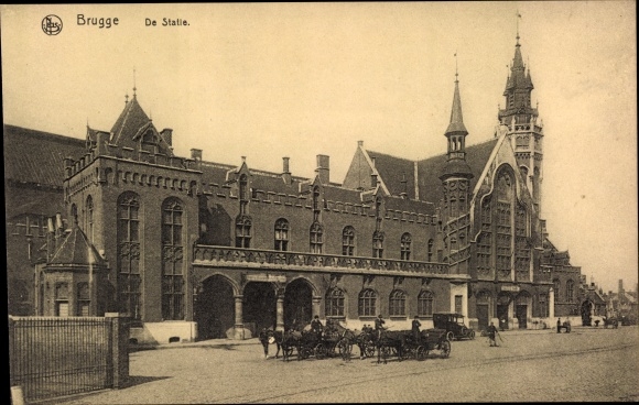 Postcard Bruges Bruges Flanders West Flanders, De Statie, train station, street side