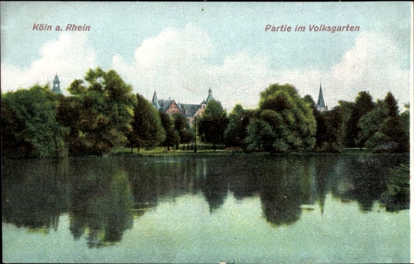 Postcard Köln am Rhein, Cologne on the Rhine, part of the Volksgarten, water reflection, trees