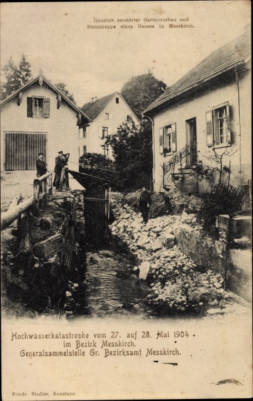 Ak Messkirch in de Zwabische Jura, overstromingsramp in 1904, tuinveranda en stenen trappen