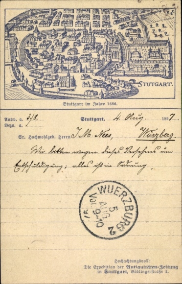 Postwaardekaart Stuttgart in Baden Württemberg, uitzicht op de stad in 1686