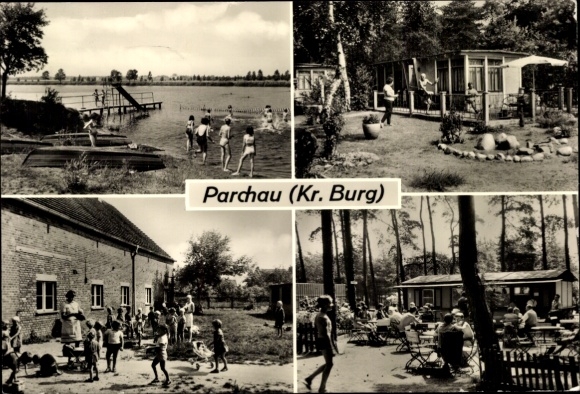 Postcard Parchau Castle near Magdeburg, swimming pool, campsite, nature, people, leisure activities