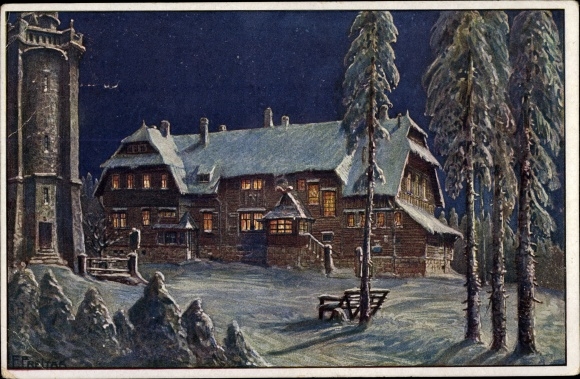 Artist PC Friday, F., Wildenthal Eibenstock in the Ore Mountains, Auersberg at night, snowy landscape