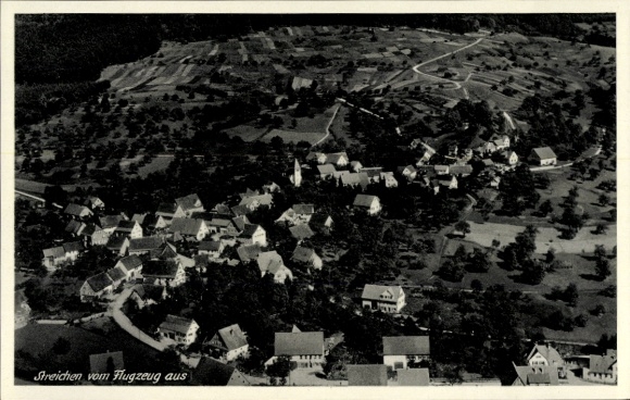 Postcard Streichen Schleching in Upper Bavaria, aerial view, small houses, many trees, hilly landscape