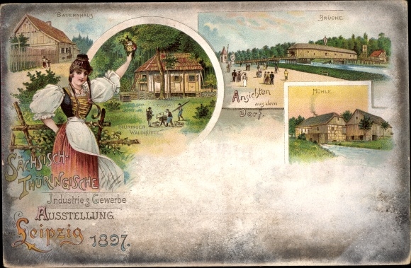 lito Leipzig w Saksonii, Wystawa przemysłowo-handlowa 1897, kostium, most, gospodarstwo
