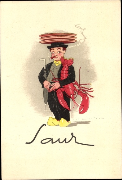 Postcard Restaurant Saur, Man in Dutch costume with lobster, cigarette, umbrella
