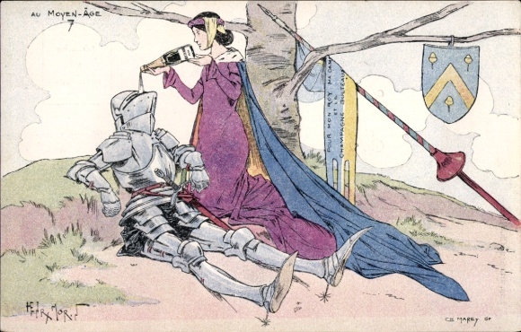 Artist Postcard Morin, H., Woman giving a knight champagne to drink, coat of arms