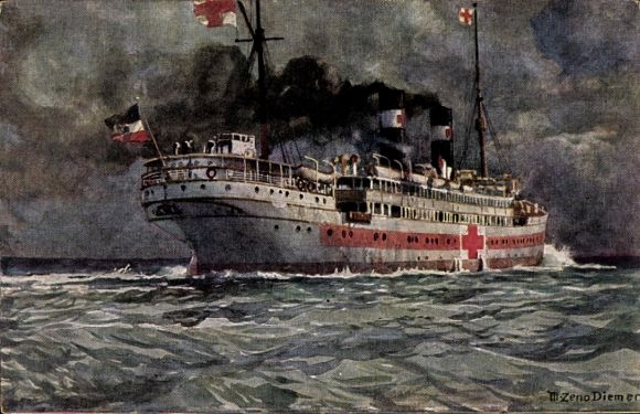 Kunstenaarskaart Diemer, Zeno, Duits hospitaalschip, verpleging in oorlog, WOI