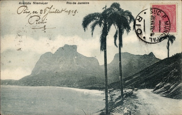 Ak Rio de Janeiro Brasilien, Avenida Niemeyer, Berglandschaft, Palmen, Schwarz-Weiß-Foto