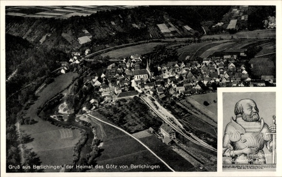Postcard Berlichingen Schöntal in Hohenlohekreis, aerial photograph, city panorama, Götz with iron fist