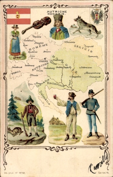 Kaarten Wapenschild litho Oostenrijk, Bohemen, Hongarije, Dalmatië, Galicië, kostuums, wapenschild