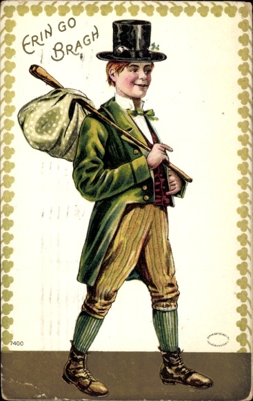 Artist Postcard Man with bundle on walking stick, Ireland, allegory, Erin go bragh