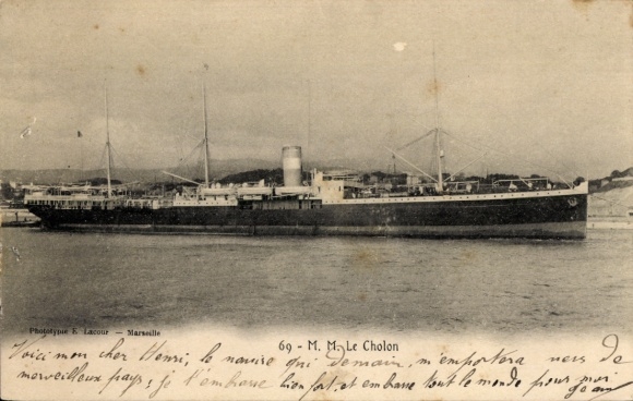 foto stoomschip Le Cholon, Messageries Maritimes, haven van Marseille