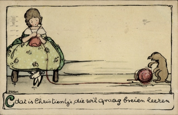 Artist Postcard girl knitting, cat playing with ball of wool