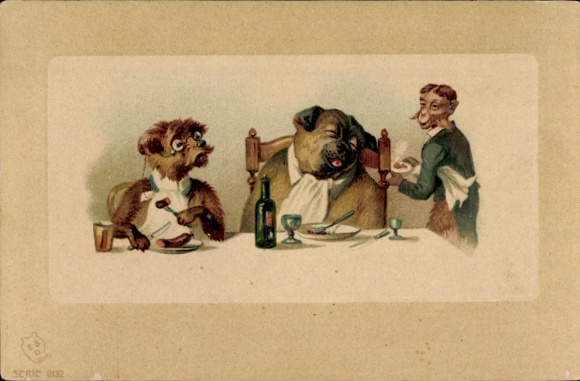 Embossed Chromo-Litho Dog Portrait, Dogs at the Dinner Table, Monkey as Waiter