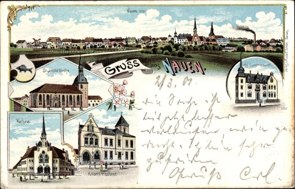 Litho Nauen im Havelland, Landratsamt, Rathaus, Kirche, Postamt