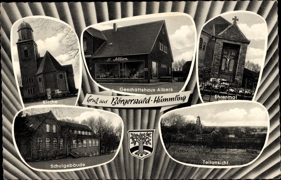 Postcard Börgerwald Surwold Lower Saxony, commercial building Albers, memorial, school, church