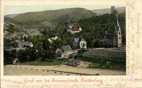 PC Tautenburg in Thuringia, colorful landscape, church, houses, greetings from the summer resort Tauten