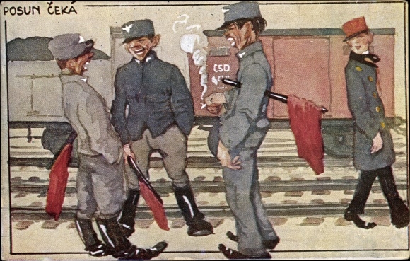 Artist Postcard Schrabal, E., Zeleznicari, Posun Ceka, railway officials talk