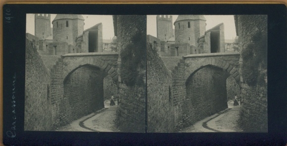 Stereo photo Carcassonne Aude, castle, partial view