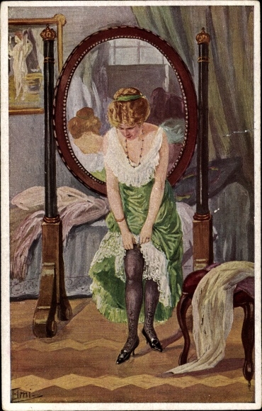 Artist PC Elmi, The Garter, Woman in front of a mirror puts on her stocking