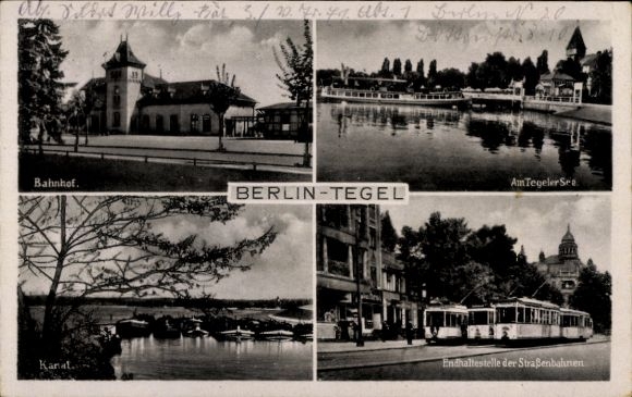 Postcard Berlin Reinickendorf Tegel, train station, canal, tram terminus