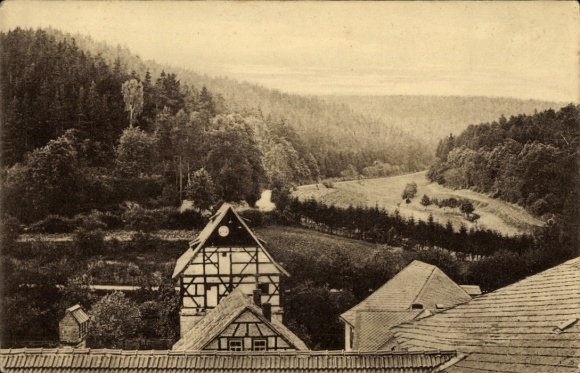 Postcard Paulinzella Rottenbach Königsee in Thuringia, view from the Gasthaus Menger, wooded hills, valley,