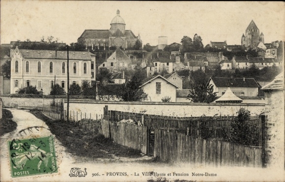 Ak Provins Seine et Marne, Stadtansicht von  Kirche, Pension Notre-Dame, Landschaft