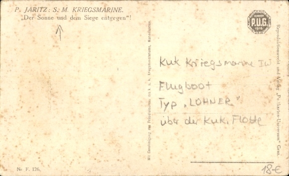 Artist Postcard Jaritz, P., Kuk Kriegsmarine, Towards the sun and victory, Lohner type flying boat