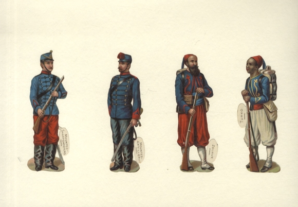 4 wafers of soldiers of different ethnicities and in different uniforms, each approx. 11 x 3.5 cm