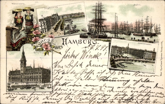 Chromo-Litho Hamburg, harbor, sailing ships, Vierländerin, Jungfernstieg, town hall, Alsterarkaden