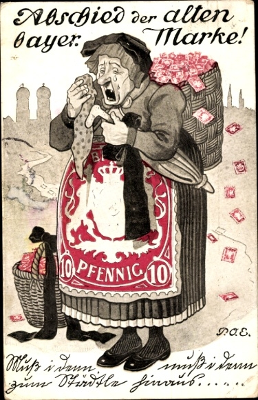 Kunstenaarsstempels Ak Engelhard, POE, afscheid van de oude Beierse postzegel