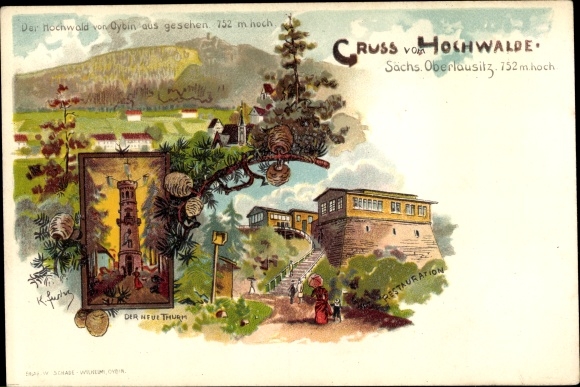 Artist Chromo-Litho Fuchs, Karl, Hochwald Oybin in Saxony, new tower, restoration, forest