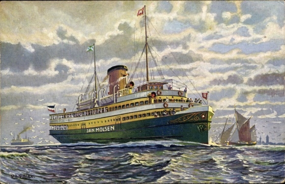Kunstenaarskaart Edler, red., dubbelschroefsmotorschip Jan Molsen, HADAG