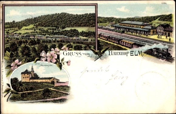 Chromo-Litho Elm Schlüchtern in the Main Kinzig district, train station, Brandenstein Castle