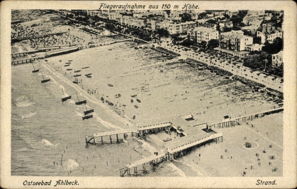 Postcard Baltic Sea resort Ahlbeck on Usedom, beach, aerial view