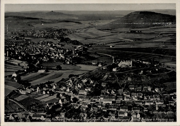 Postcard Bopfingen am Ipf Ostalbkreis, view of Flochberg, ruin, landscape, photo from airplane