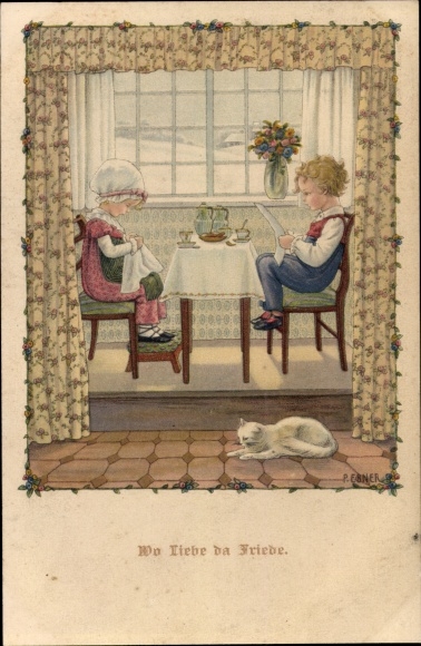 Artist PC Ebner, Pauli, where love there peace, children read the newspaper and knit at the table, cat