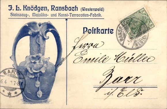Postcard Ransbach Baumbach in the Westerwald, stoneware and majolica factory JL Knödgen