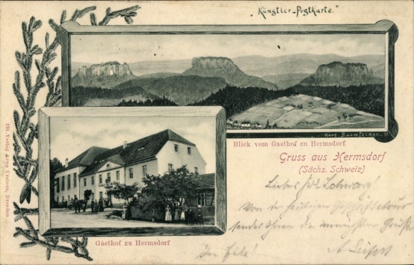 Postcard Hermsdorf Saxon Switzerland, inn with panoramic views
