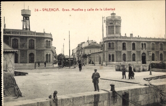 Ak Valencia Stadt Spanien, 24-VALENCIA, Grao, Muelles y calle de la Libertad, historische Arch...