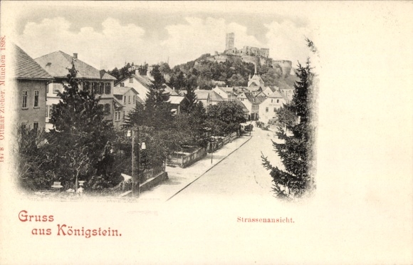Ak Königstein an der Elbe Sächsische Schweiz, Strassenansicht, Häuser, Bäume, Burg im Hintergrund