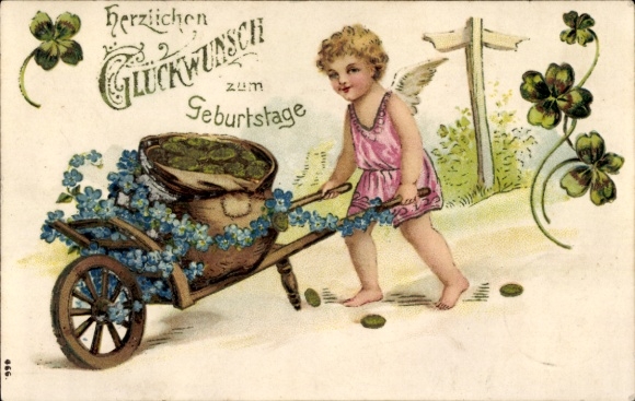 Embossed Postcard Congratulations Birthday, Clover, Angel, Forget-me-not