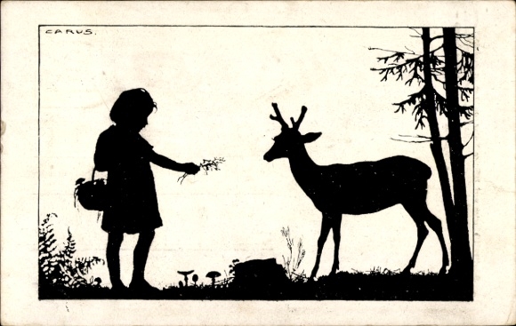 Paper cutting Postcard Carus, girl feeding a deer