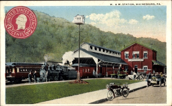 Ansichtkaart Waynesburg Pennsylvania, locomotief in het station