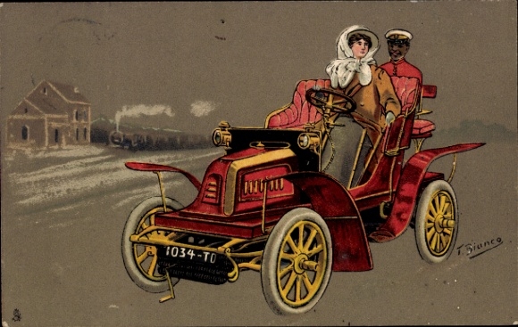 Artist Postcard Bianco, automobile, woman at the wheel
