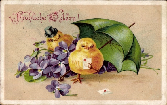 Präge Litho Glückwunsch Ostern, Küken liest einen Brief, Zylinder, Monokel, Regenschirm, Veilchen