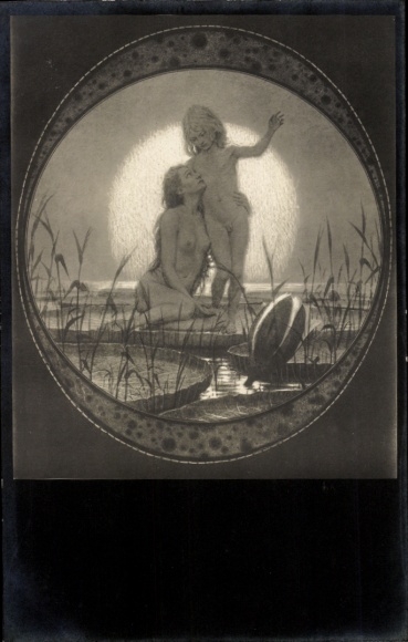 Art Nouveau artist Postcard Fidus, From Heaven, Woman and Child, Water Lilies