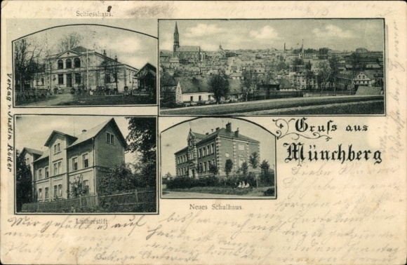Ak Münchberg in Opper-Franken Beieren, nieuw schoolgebouw, Lutherstift, schietbaan, algemeen beeld